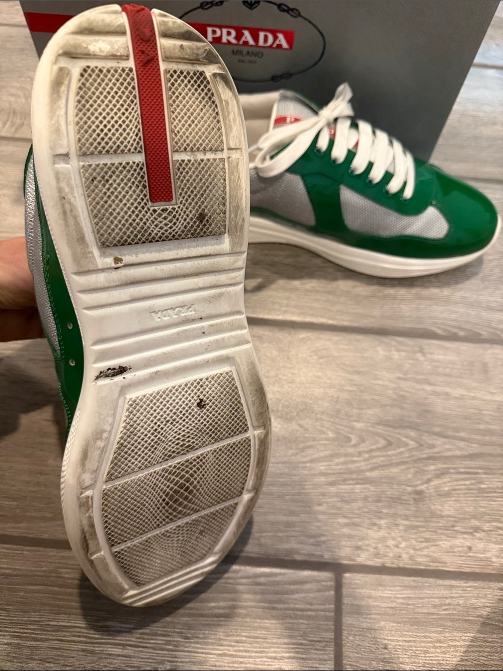 Prada Men’s Green Patent & White Mesh Low-Top Sneakers - Picture 6 of 9
